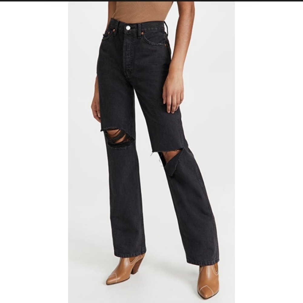 Re/Done Black High Waist Ankle Crop Distressed Jeans